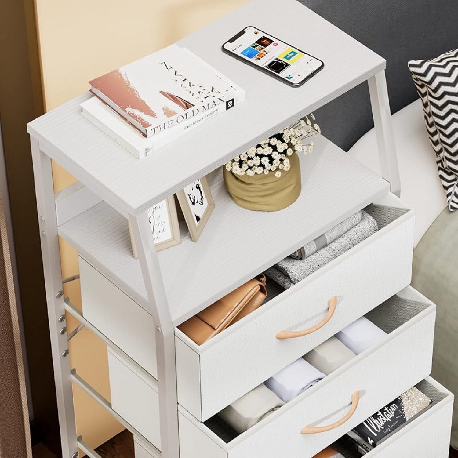 Tall 5 Drawers Dresser, Vertical Storage Tower for Bedroom, Hallway, Entryway, Nursery, Closet Organizer, Nightstand Bedside Table Furniture, Sturdy Steel Frame, Wood Top