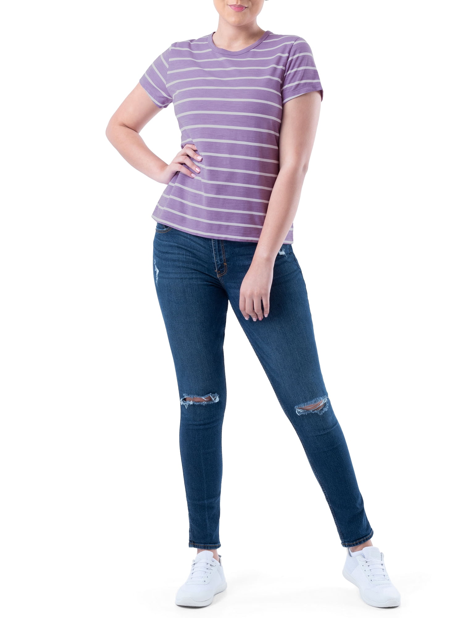 Time and Tru Womens Striped Short Sleeve Slub Crew Neck T-Shirt, 2-Pack
