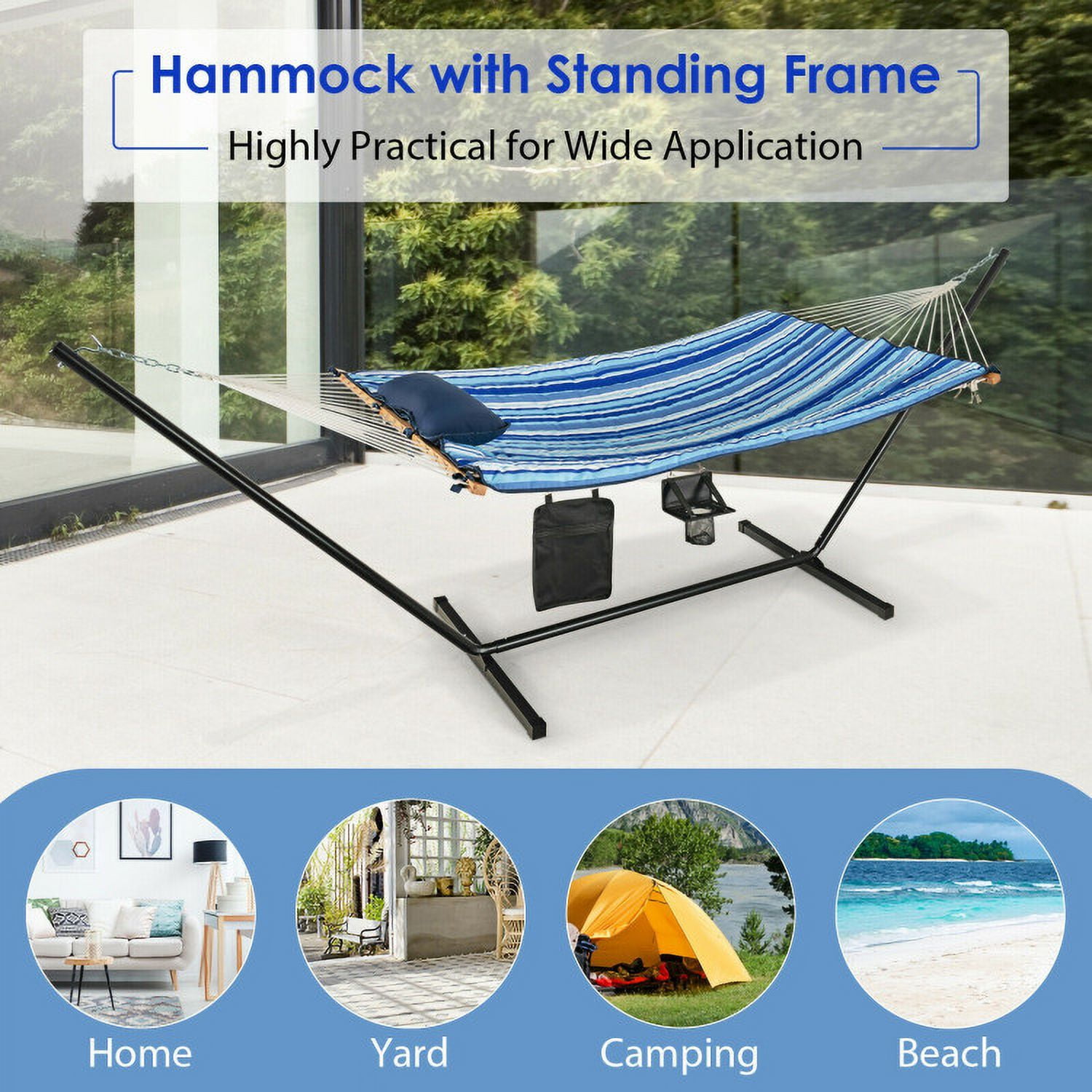 Aimee Lii Hammock Chair Stand Set Cotton Swing with Pillow Cup Holder Indoor Outdoor, Hammock Camping Chair