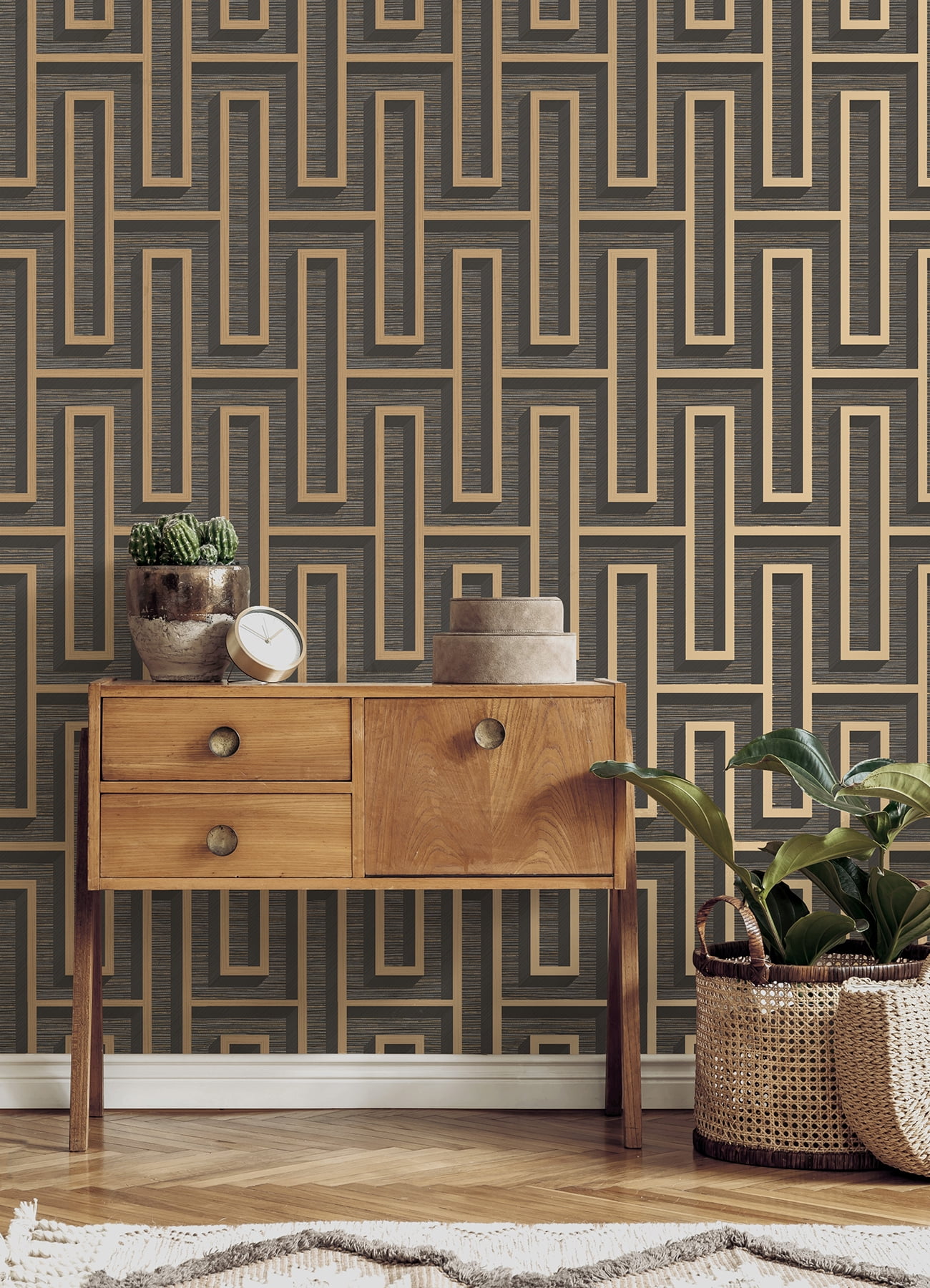 Advantage Henley Black Geometric Grasscloth Wallpaper