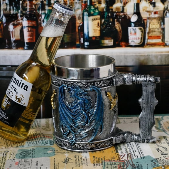 Medieval Blue Dragon D&D Game Mug of Throne Merchandise Beer Steins Viking Tankard Mug Stainless Coffee Cup Gift Mugs for Men Dragon Collector Themed Party Decoration