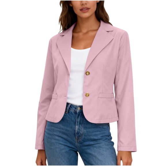 Womens Business Casual Cropped Blazer Lapel Collar Long Sleeve Work Office Suit Jacket with Buttons