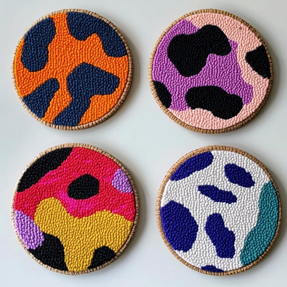 4 Set DIY Punch Needle Coaster Kits Cute Colorful Pattern Easy for Beginners with Adhesive Felt Hoop Punch Needle Embroidery Starter Set with Pattern for Drink Cups Mat Home Decor-2