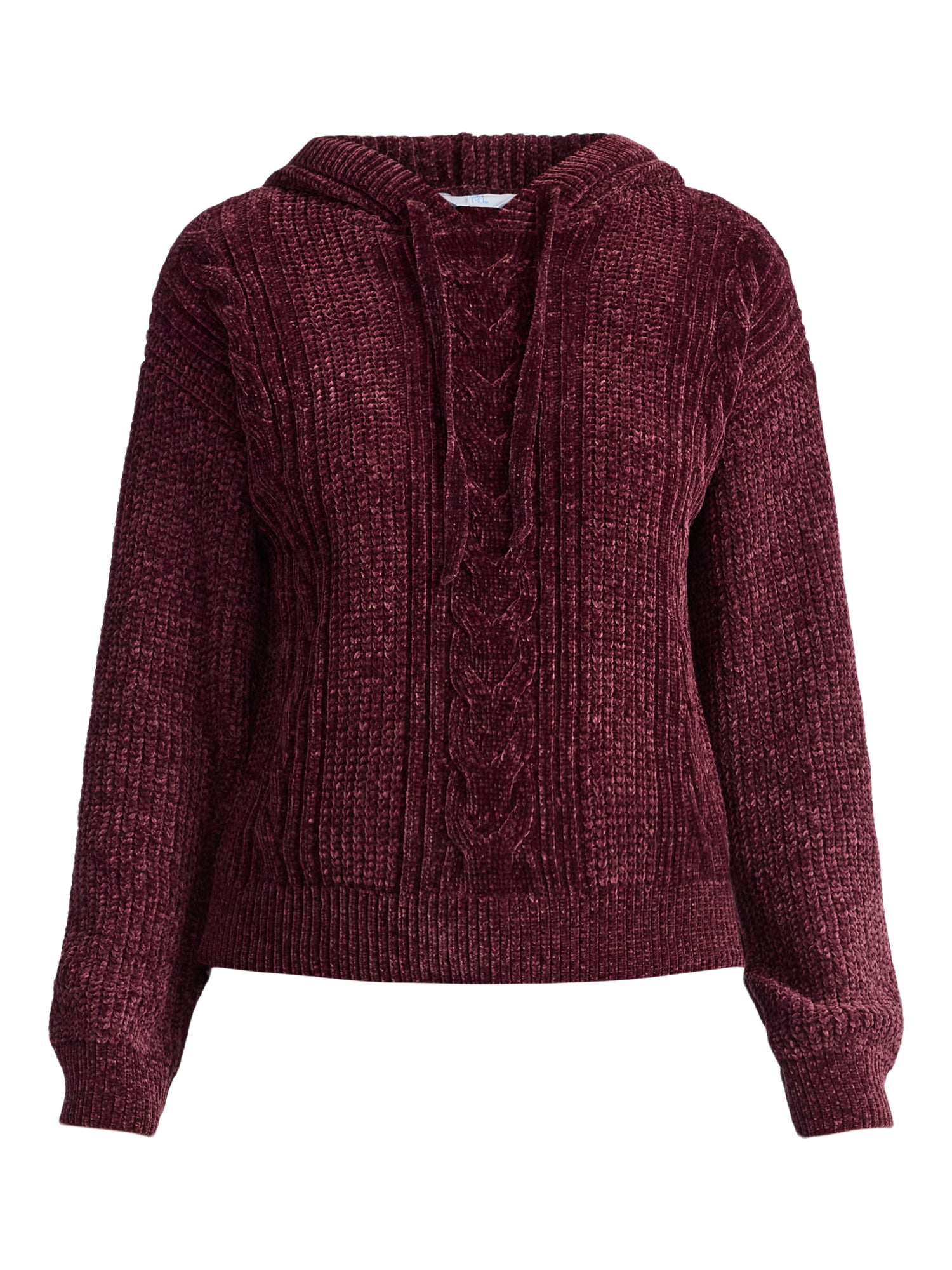 Time and Tru Women's Velveteen Hoodie Pullover Sweater with Long Sleeves, Sizes XS-XXXL
