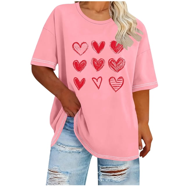 Nuoqisi Women's Heart Print Day Plus Size Round Neck Short Sleeve Spring/Summer Base Layer T-Shirt
