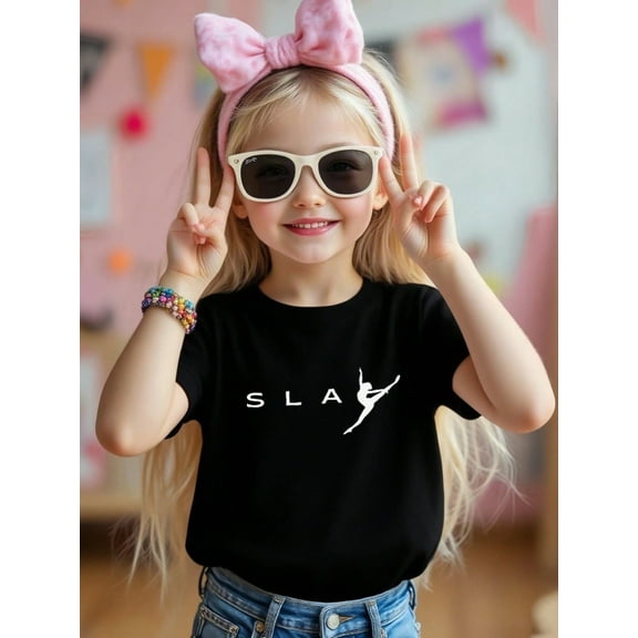 SLA Letter And Dancing Girl Patterned Iron-On Graphic Tees With 100% Cotton Fabric,Suitable for Dance Lovers,Size From 3T-13Y,Ideal Gift for Daughter and Grand daughter