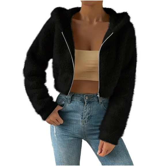 Gytharion Cropped Fluffy Fleece Cardigan Jackets for Women Fuzzy Warm Winter Coat Fashion Solid Long Sleeve Plush Outerwear Soft Cozy Full Zip Up Hooded Jacket