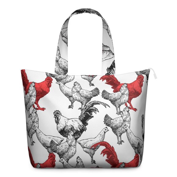 Sac Fourre-Tout Imprimé Aquarelle Poule et Coq, Sac de Voyage Motif Œuf de Ferme, Sac de Week-End Design Poussin Mignon et Poulailler