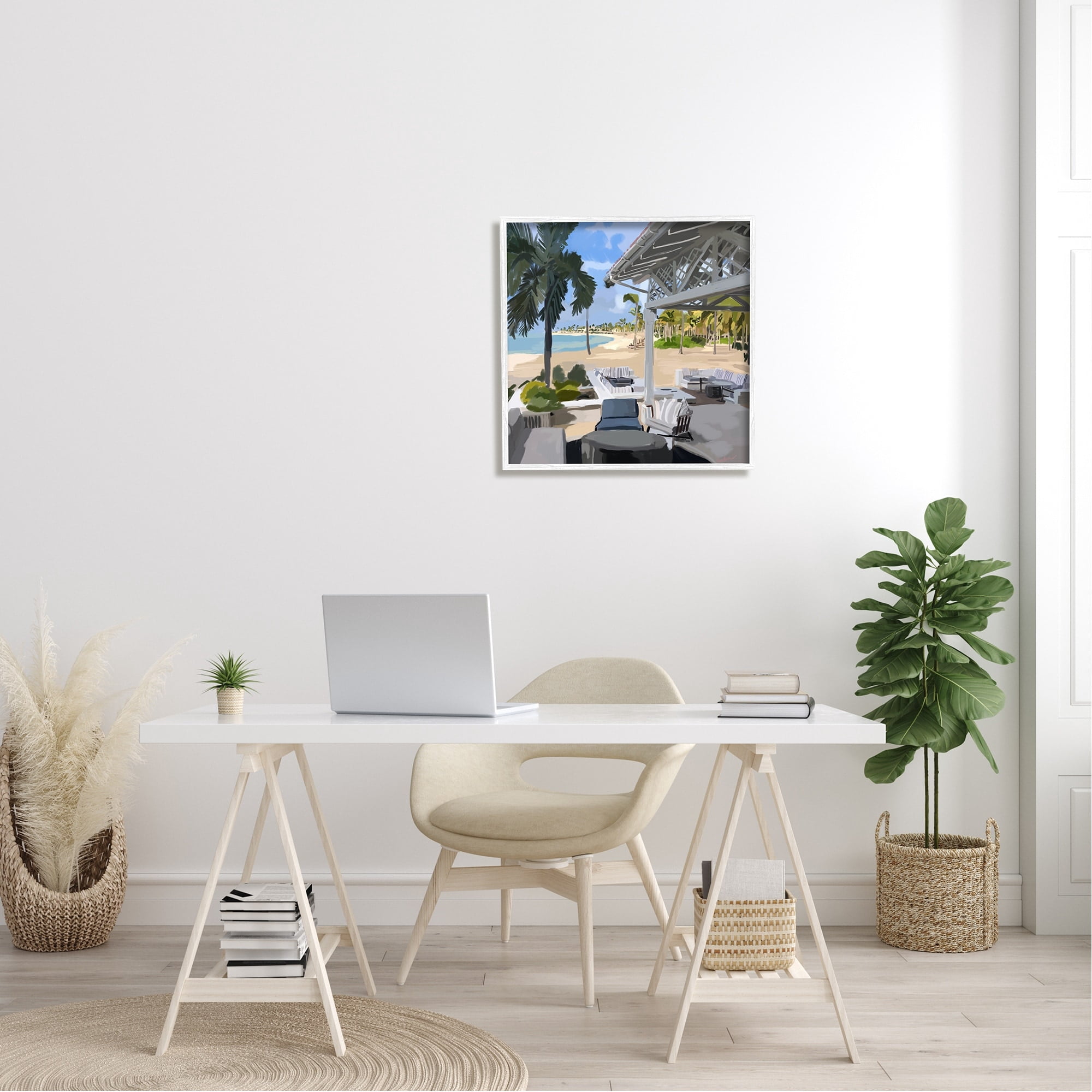 Stupell Industries Tropical Ocean Pergola Patio Lush Palm Trees Graphic Art White Framed Art Print Wall Art, Design by Amelia Noyes