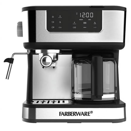 Farberware Dual Brew, 10 Cup Coffee   Espresso, Black and Stainless Finish, Touchscreen Display, New