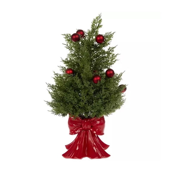 Guvpev 15.8" Artificial Cedar Bonsai Tree with Bow Base - Perfect Valentine's Day Decor, Permanent Faux Potted Plant for Romantic Home Accent & Gift（Red 1PCS）