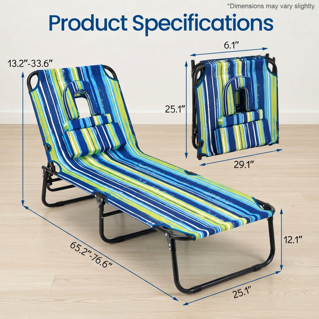 Hommoo Adjustable Beach Chaise Lounge Chair with Face Hole, Removable Pillows & Foldable Design, Blue Stripe