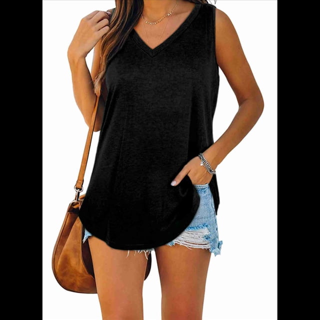 Camisetas Sin Mangas con Cuello en V para Mujer, Color Negro, Talla M