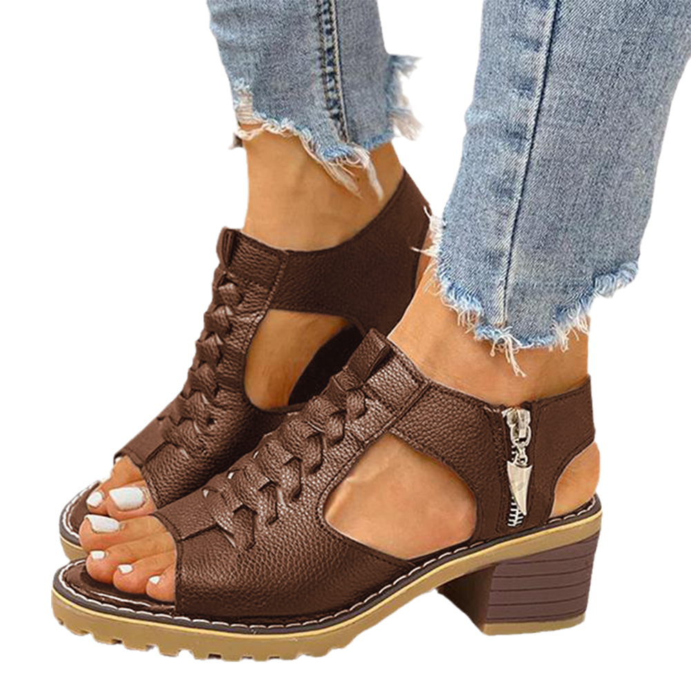 Ashuai Women's Square Block Platform Low Heel Shoes Open Toe Side Zip