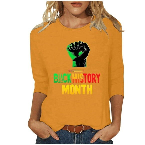 ZVAVZ Yoga Tops for Women,Ladies Black History Month T Shirts 3/4 Length Sleeve Crew Neck Shirts Women African Graphic Tees Flash Deals of The Day Clearance Orange L