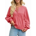 thumbnail image 3 of Women'S Button Crew Neck Sweater Fall Long Sleeve Henley Shirts Trendy Loose Knit Pullover Tops Red M, 3 of 8
