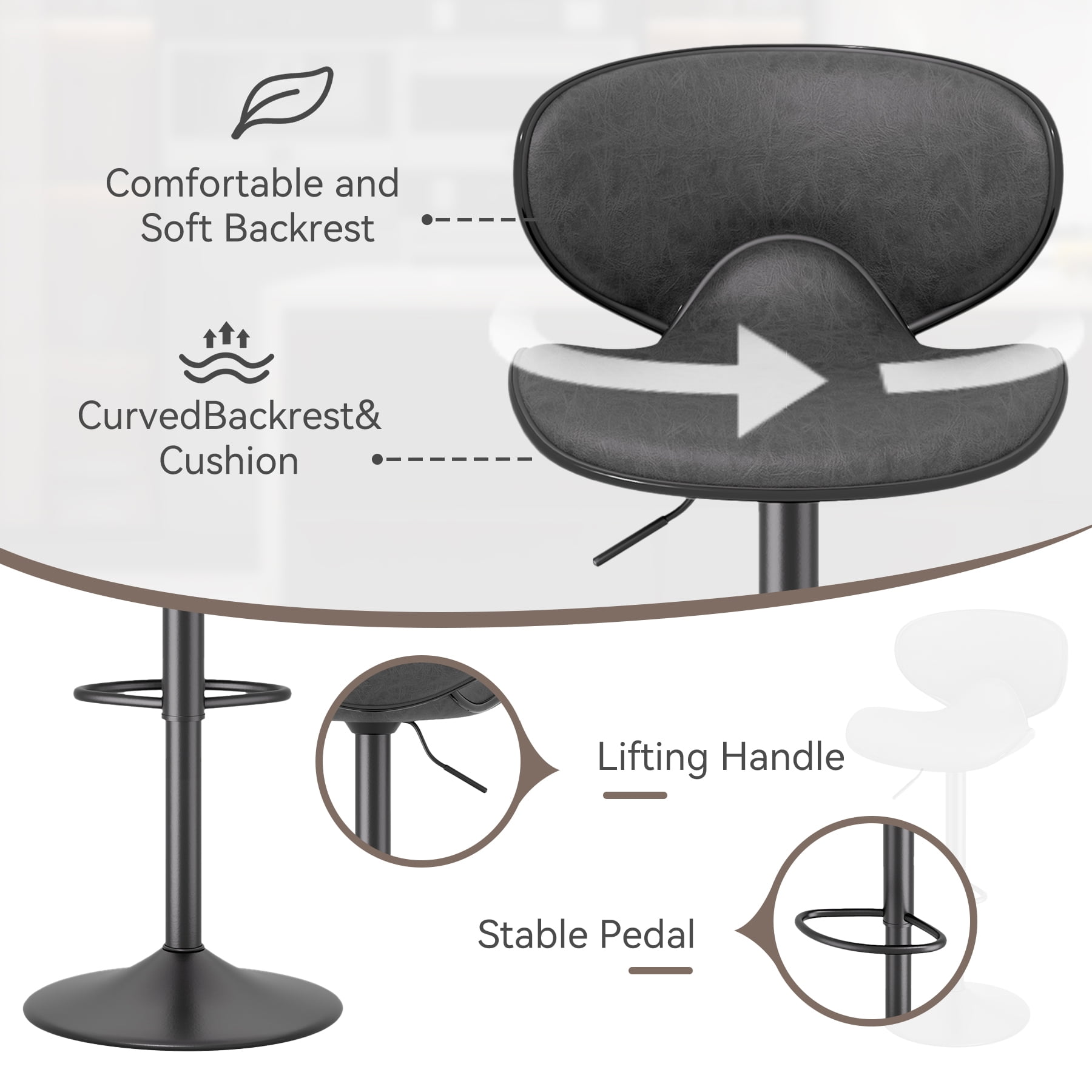 Hawsaiy Adjustable Swivel Bar Stools Set of 2 with Back and Footrest, Faux Leather Counter Height Kitchen Stools, Modern Bar Chairs for Island and Home Bar, Black