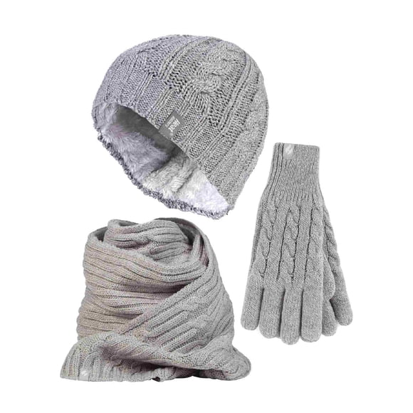 Ladies Knitted Winter Hat Scarf & Gloves Set | Heat Holders | Fleece Lined Thermal Cold Weather Set