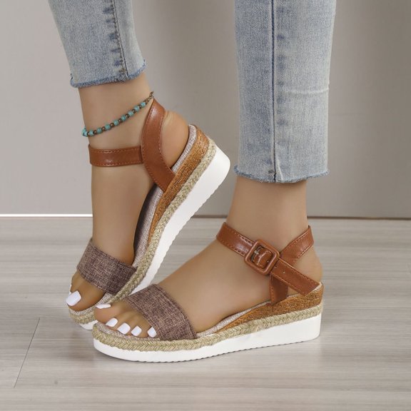 Leesechin Women's Plus-size One-line Buckle Solid Color Sandals Platform Straw Wedges Brown