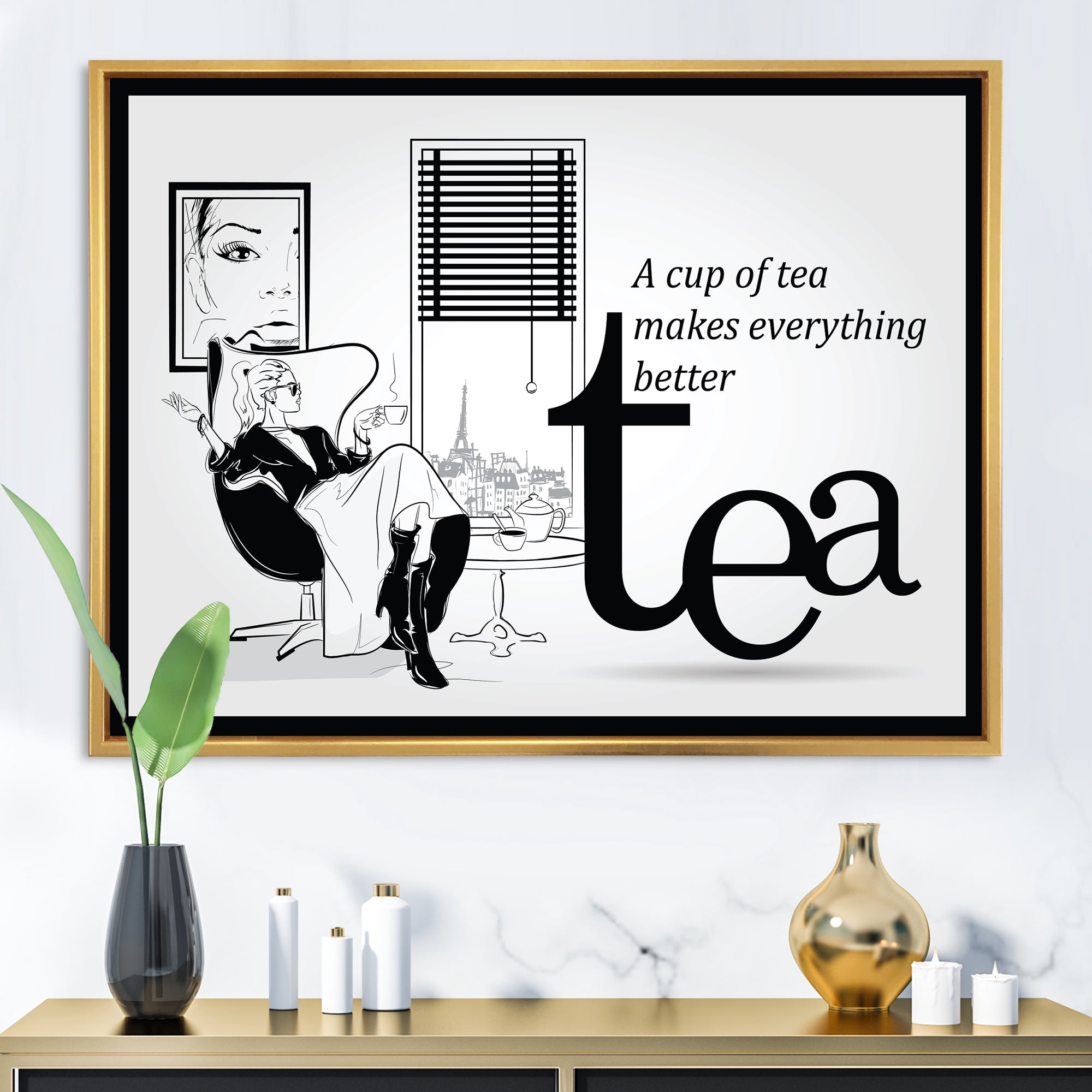 Ancient Fashion Girl Drinking A Cup Of Tea 32 in x 16 in Framed Painting Canvas Art Print, by Designart