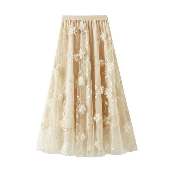 Womens Tutu Tulle Skirt Elastic High Waist Layered Midi Skirt Floral Lace Embroidery Mesh A-Line Skirt