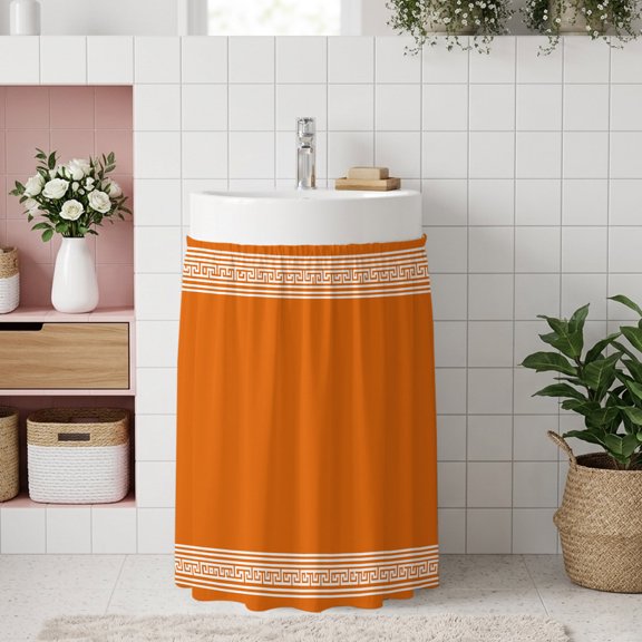 Small Cabinet Curtain 10''W x 11''L, Burnt Orange Geometric Under Sink Cover Drapes, Country Greece Key Art Self Adhesive Cabinet Skirt for Kitchen/Bathroom Vanity/Laundry Room/Open Shelf