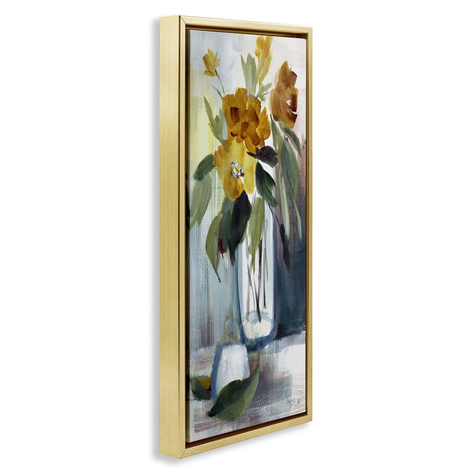 Stupell Industries Luminous Floral Bouquet Plants & Flowers Painting Gold Floater Framed Canvas Art Print Wall Art, 11 x 25