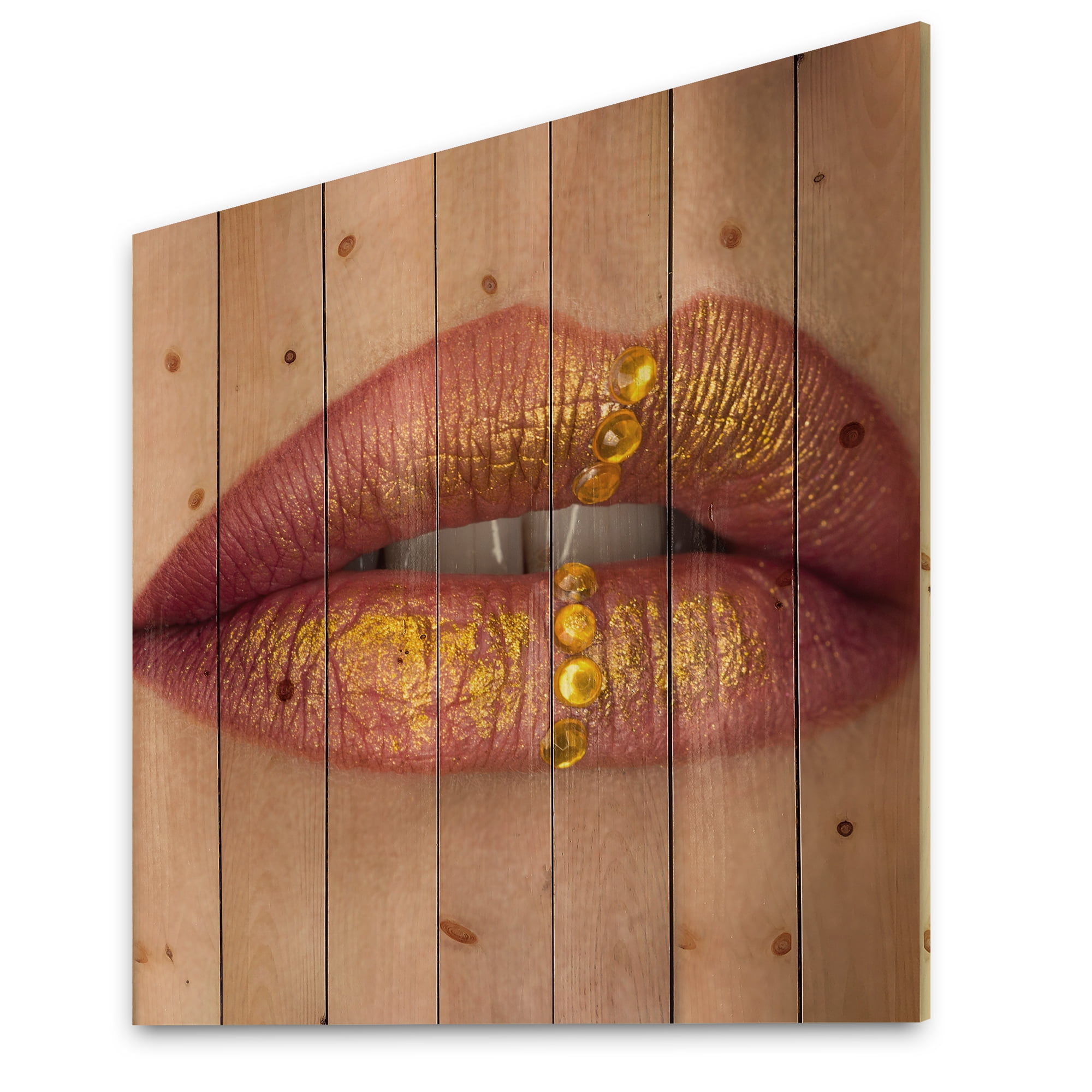 Designart 'Woman Lips Close-Up With Red Lipstick, Gold Paint' Modern Print on Natural Pine Wood
