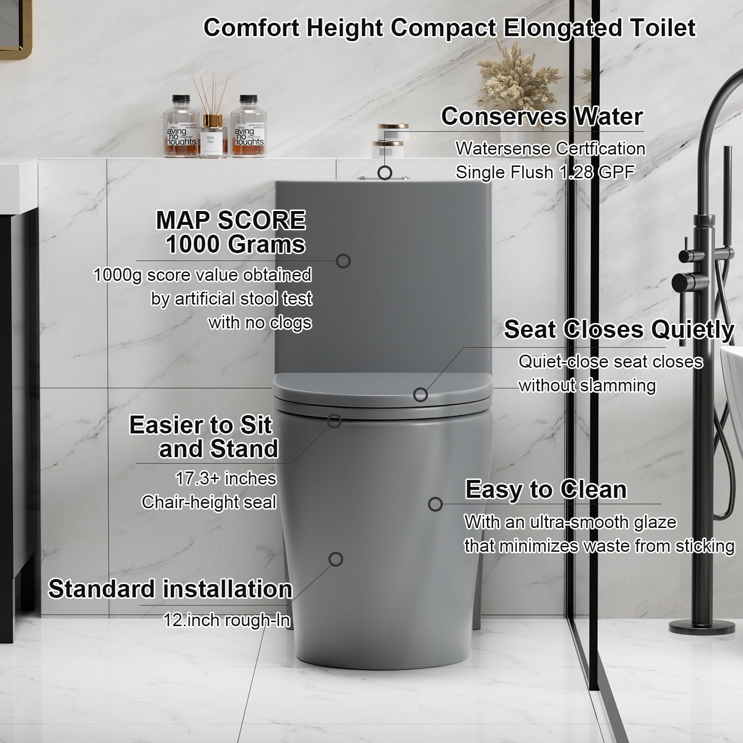 One-Piece Toilet for Bathrooms,Modern Toilet Elongated Bowl with Soft Close Seat,1.1/1.6 GPF,Gray 02