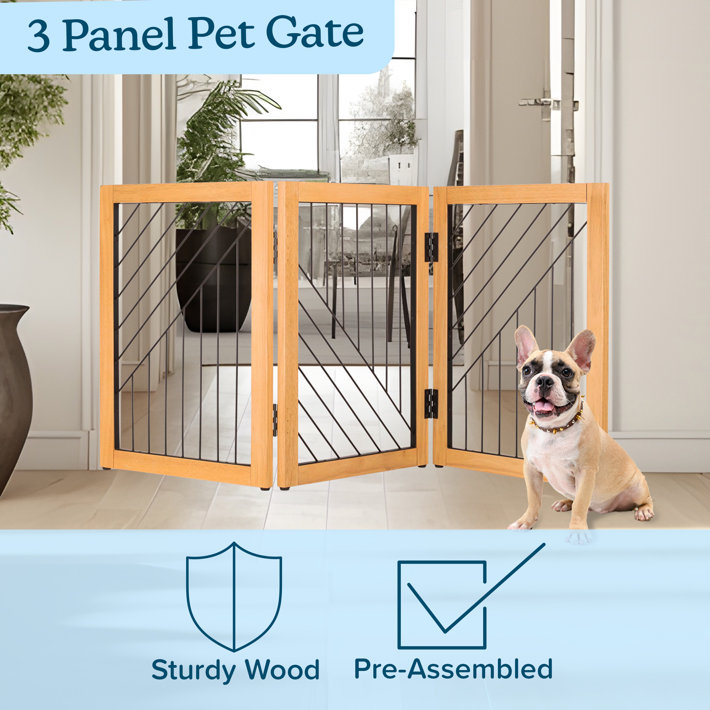 PETMAKER 3-Panel 24-Inch Freestanding Foldable Pet Gate for Stairs, Natural