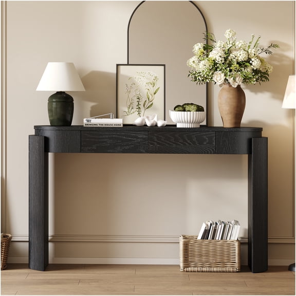 JERFIT Modern Fluted Console Table with 2 Drawers, Black Entryway Sofa Table with Oval Top for Living Room, Hallway & Bedroom