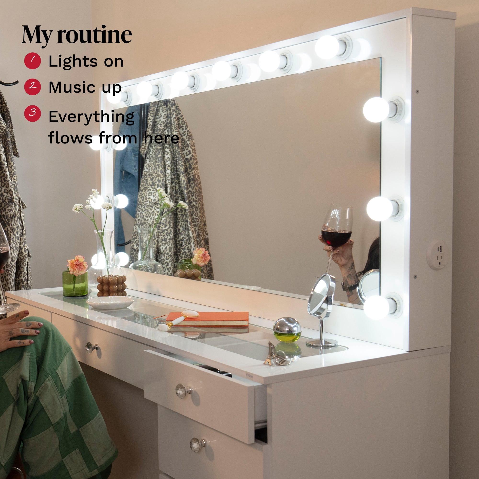 Boahaus Verona Large Vanity Desk with Mirror and Lights – 5 Drawer Makeup Vanity Table with Storage and Power Outlet