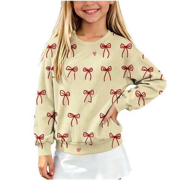 Christmas Kids Sweater Girls Crewneck Sweatshirt Long Sleeve Pullover Knit Tops,Relaxed Warm For Festival School Wear,Beige,7-8 Years