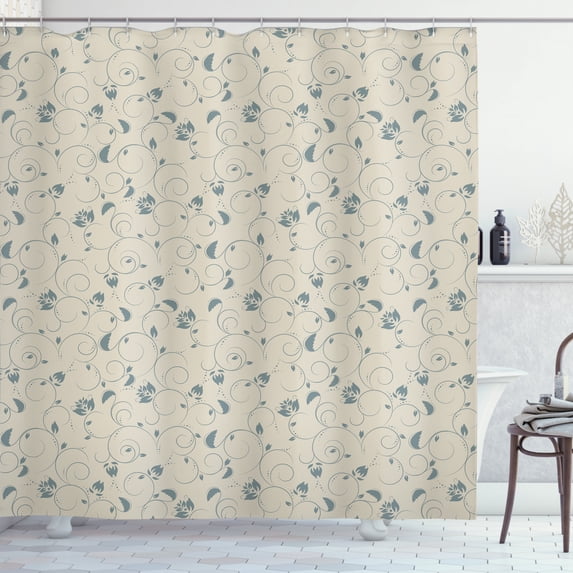 Vintage Shower Curtain, Simplistic Nature Art Curlicue Branches with Floral and Leafy Details, Fabric Bathroom Set with Hooks, Grey Yellow Cadet Blue, by Ambesonne