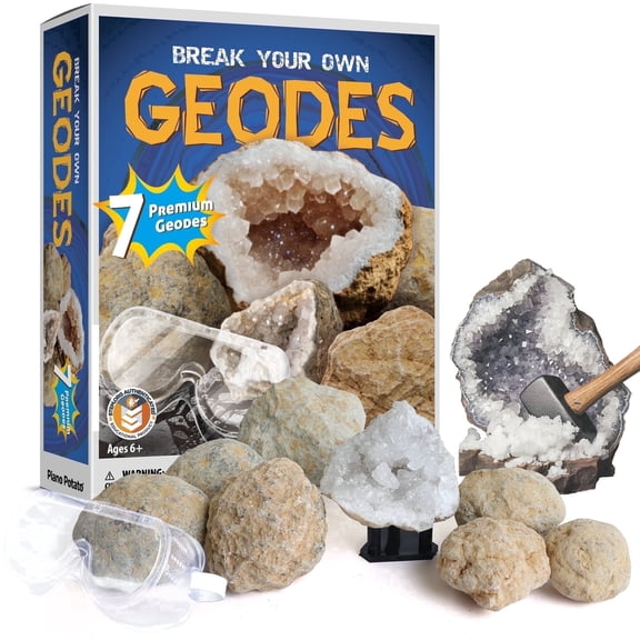 Piano Potato Break Open 7 Premium Geodes – Includes Goggles & 2 Display Stands, Break Your Own Geodes with Crystals - Geology Gift for Kids Ages 6-12