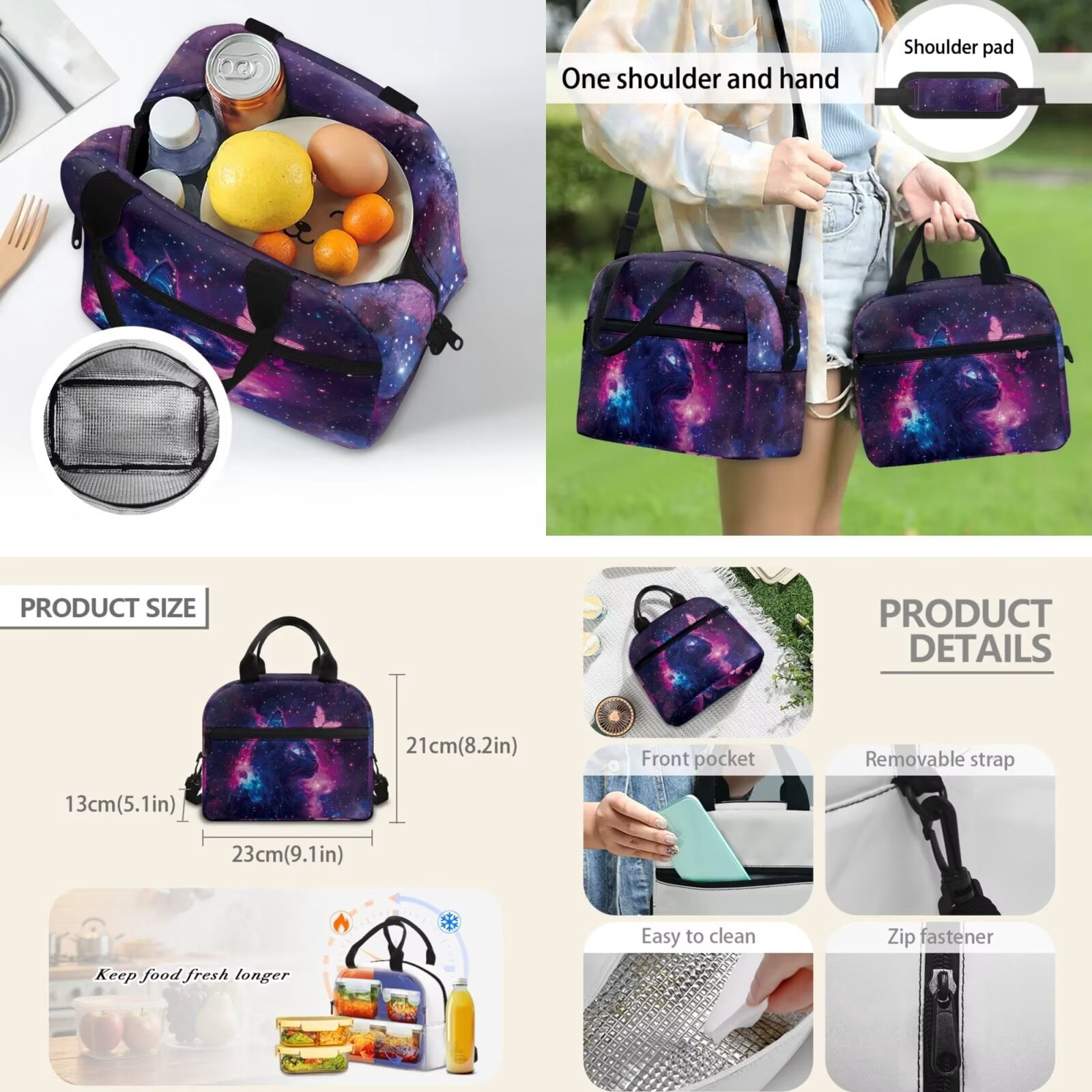 Pzuqiu Galaxy Cat Back Pack for School Girls Set of 4 17 Inch Kids Backpack Lunch Bag with Pencil Box 2pcs Bookmark, Travel Rucksack Camping School Bag for Teens Christmas Gifts