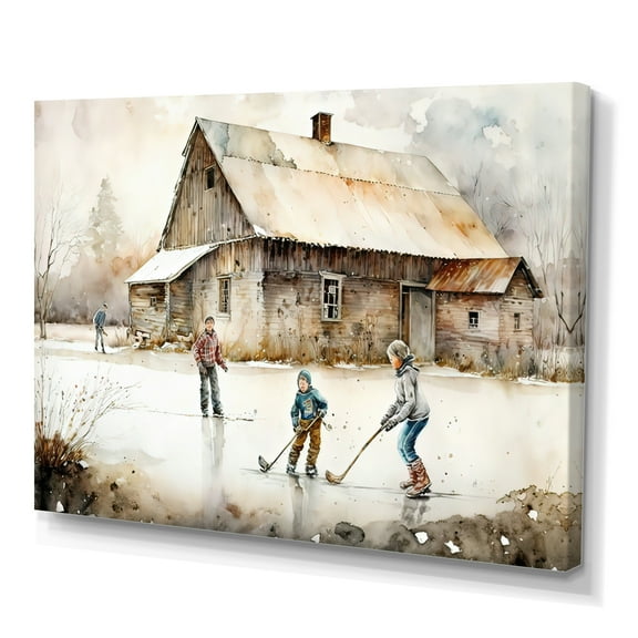 Designart Boys Playing Hockey At Cabin IV Canvas Wall Art