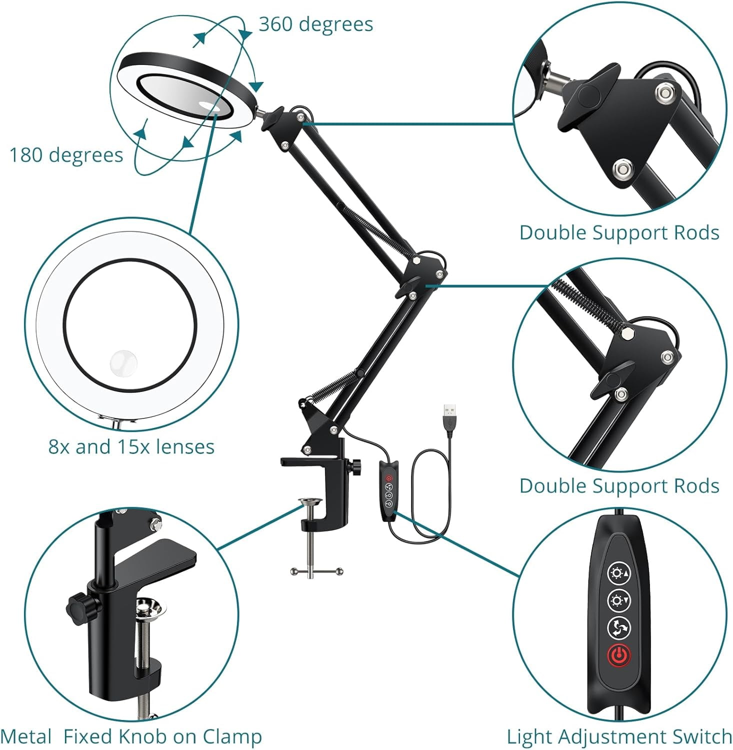 Magnifying Glass with Light and Clamp, 29 inch Adjustable Swivel Arm Lighted Magnifying Desk Lamp, LED 3 Color Modes,10 Brightness, Hands Free Flexible Magnifier for Hobby Close Work, Reading