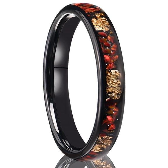 4mm Wide Tungsten Carbide Black Ring with Red Opal and Gold Flake Inlay Tungsten Couple Ring