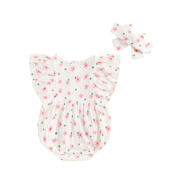 EYIIYE Toddler Casual One-piece Jumpsuits 0-18M Infant Baby Girl 2Pcs Summer Outfits Ruffle Sleeve Bodysuits Crew Neck Button Front Rompers with Headbn Casual Cute Clothes for Daily Vacation