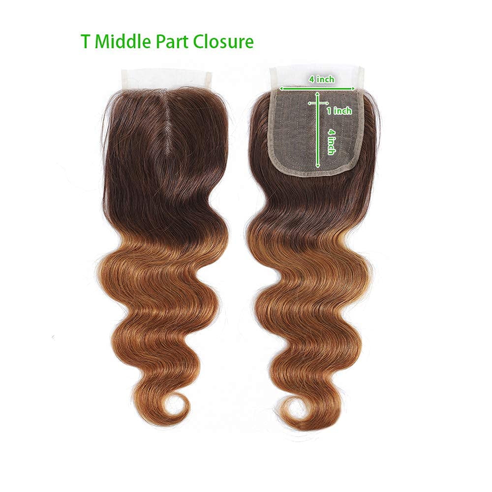 Ustar Two Tone Ombre T4/30 Body Wave Hair 3 Bundles with T-Part Lace Closure Middle Part 100% Unprocessed Brazilian Remy Virgin Hair Body Wave Human Hair Bundles 12"14"16" with Closure 12"