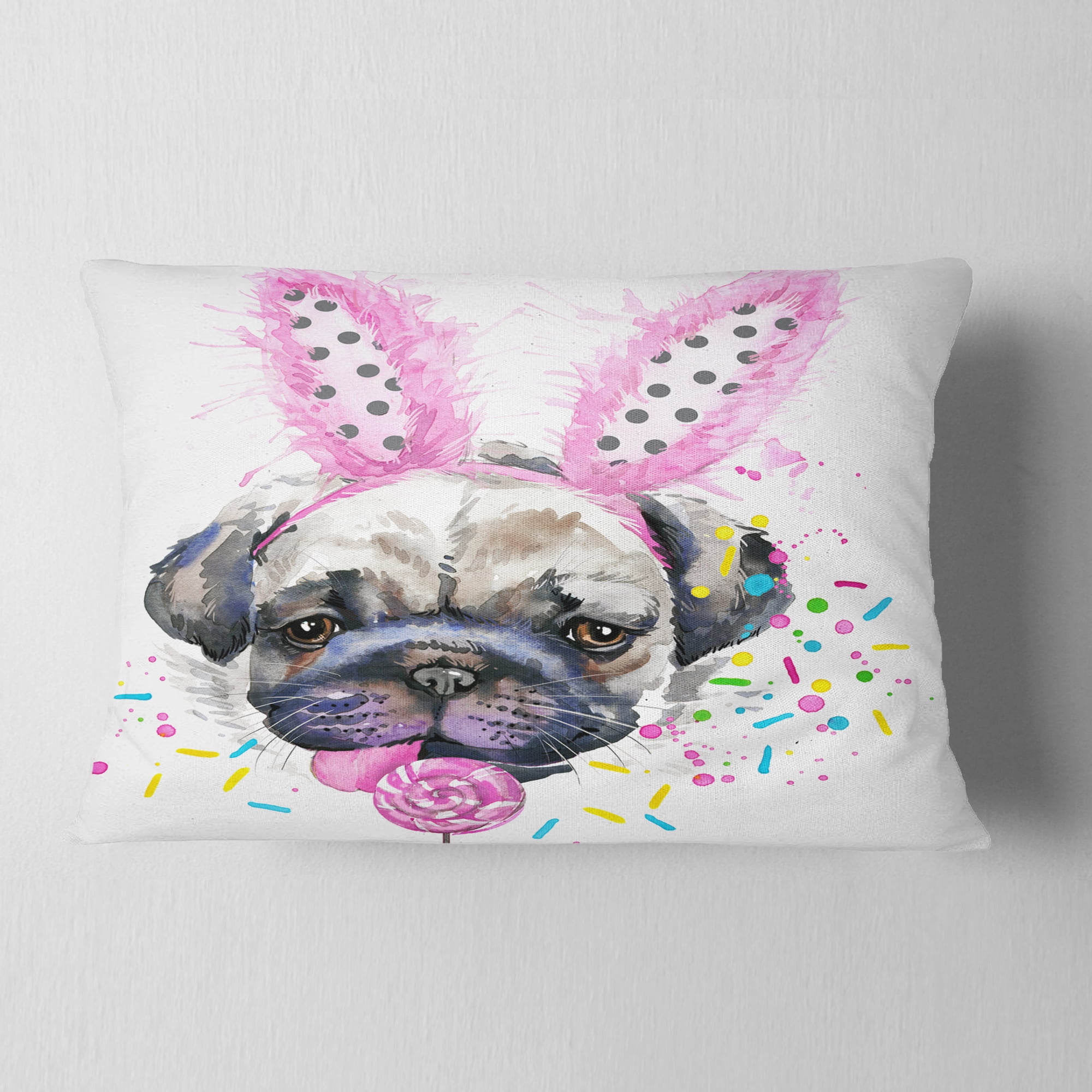 Designart Cute Dog with Pink Feather Hat - Contemporary Animal Throw Pillow - 12x20