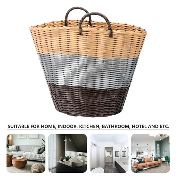 Zehuanyu Plastic Woven Clothing Storage Basket Laundry Basket Sundries Storage Container for Home Bathroom (XL, Brown and Grey and Khaki)