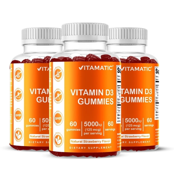 3 Pack Vitamatic Vitamin D3 Gummies - 5000 IU Per Gummy - 60 Gummies - Great Taste - Healthy Bones, Teeth, Mood, Joint & Immune System Function (Total 180 Count)