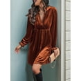 thumbnail image 5 of Women Elegant Retro Short Loose V-Neck Long Sleeve Velvet Solid Color Dress Fall Winter Fashion Clothing Orange M, 5 of 9