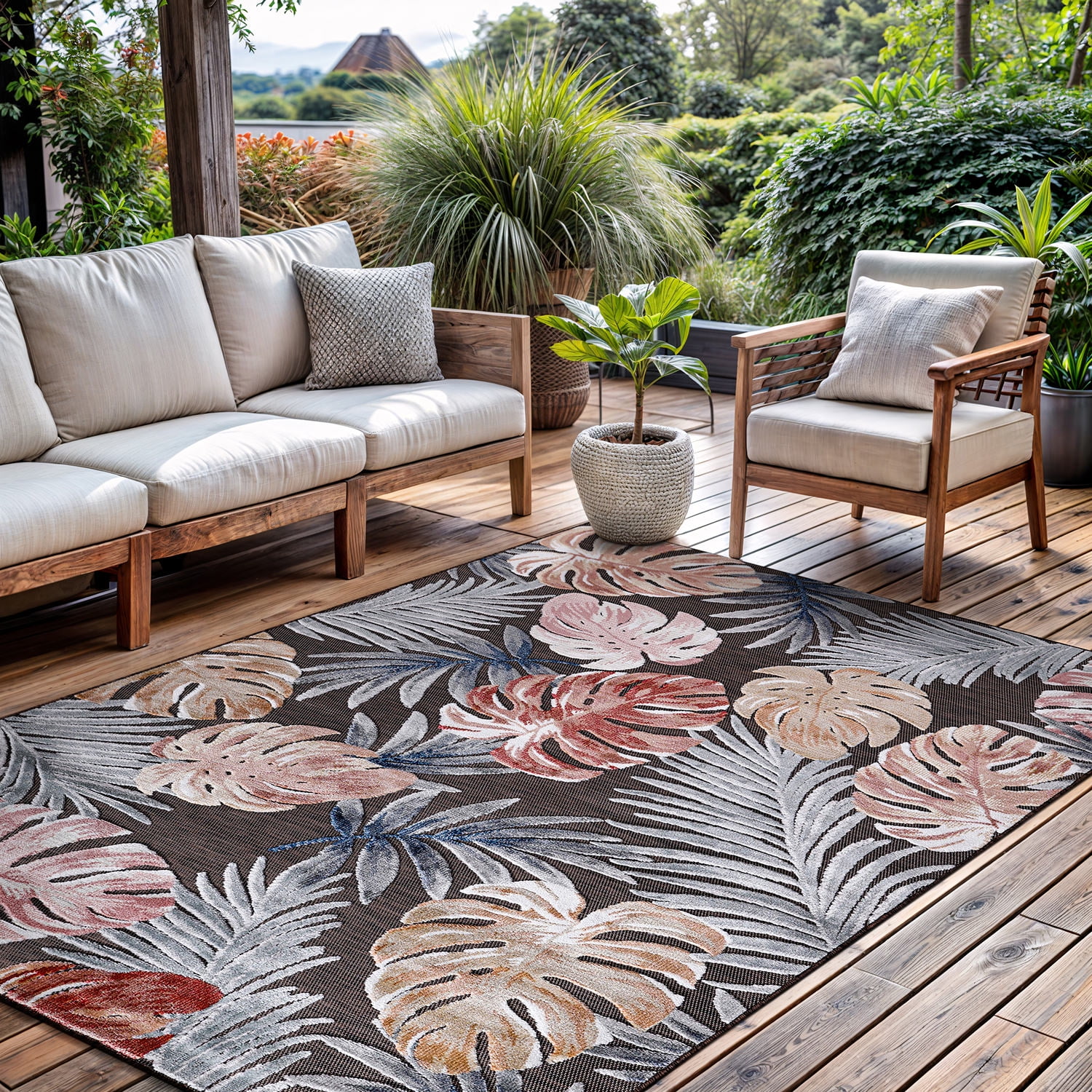 CAMILSON Spring Leaf Tropical Botanical Easy-Cleaning Non-Shedding Washable Outdoor Indoor Area Rug Brown 6x9