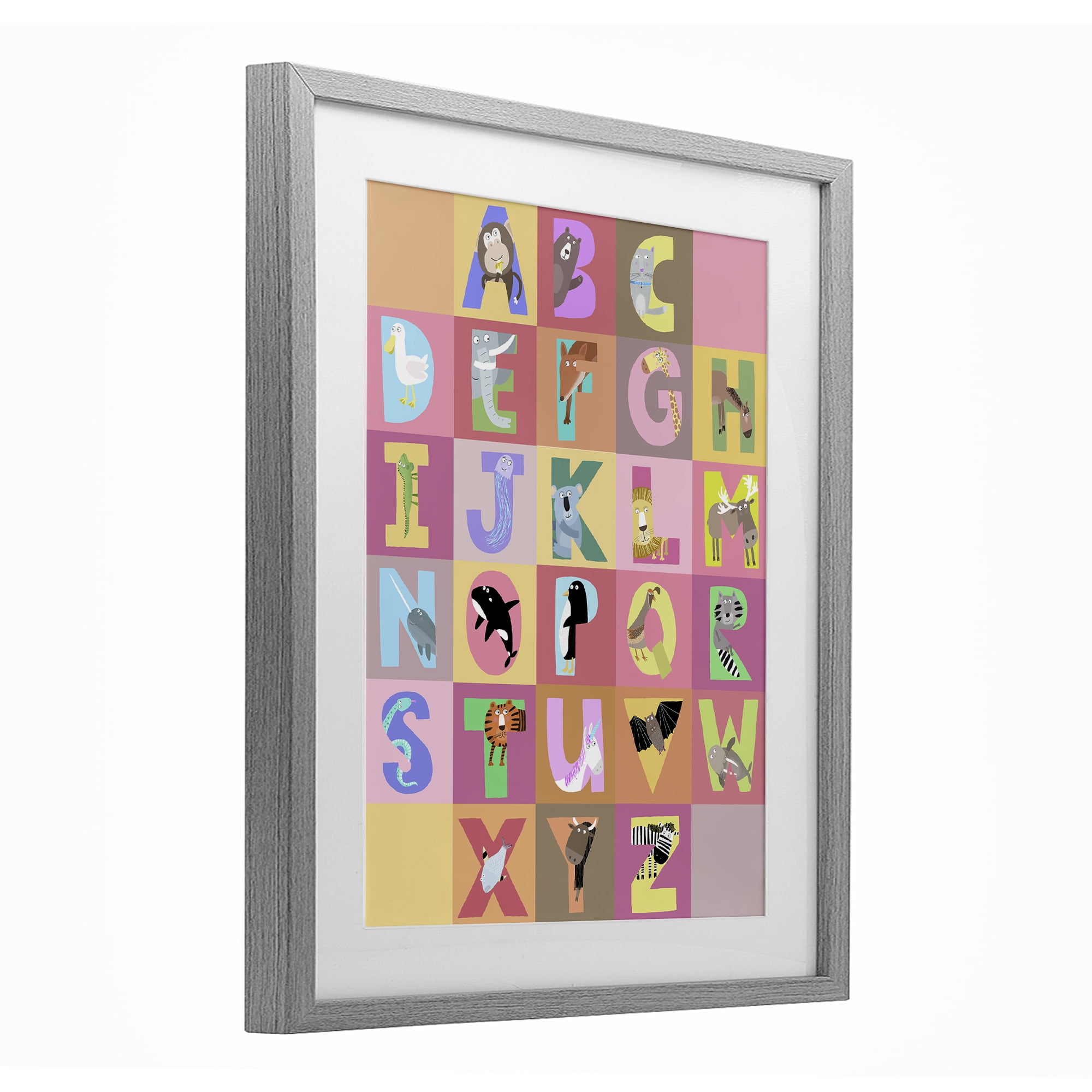 Stupell Industries Animal Alphabet in Pink Gray Framed Print Under Glass, design by Carla Daly