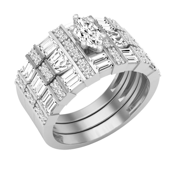 Dazzlingrock Collection Marquise, Baguette, Tapered & Round White Diamond Three Piece Bridal Engagement Ring Set for Women (1.70 ctw, Color I-J, Clarity I2-I3) in 10K White Gold, Size 8.5