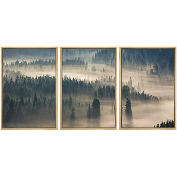 wall26 Framed Canvas Print Wall Art Set Sunlight Over Fir Tree Forest in Misty Valley Nature Wilderness Photography Realism Rustic Colorful for Living Room, Bedroom, Office - 16"x24"x3 Natu