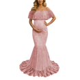 thumbnail image 3 of Gyujnb Off Shoulder Ruffle Flutter Sleeve Lace Maternity Gown Thin Spaghetti Strap Liner Fitted Long Train Formal Dress Elegant Outfit for Maternity Photoshoot Postpartum Party Wear,M, 3 of 7